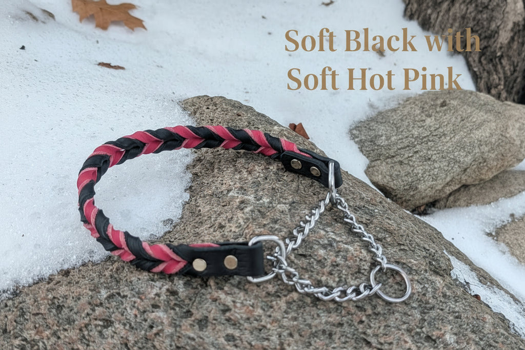 Soft Black and Soft Hot pink braided leather martingale collar
