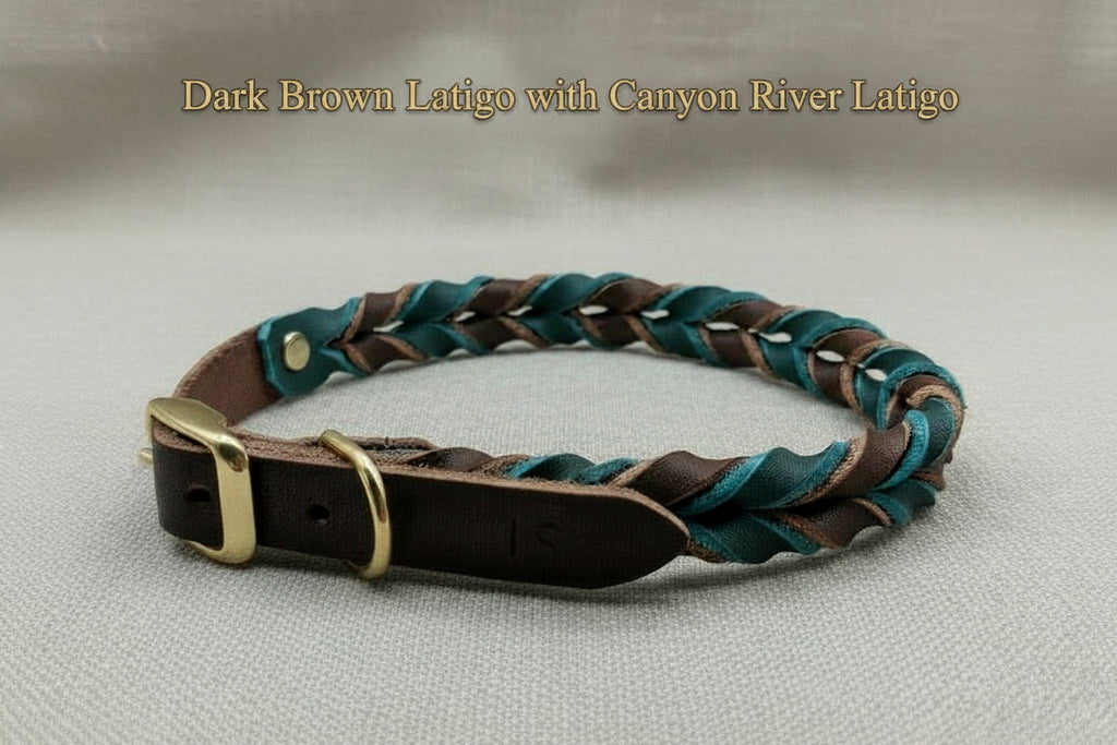 Braided Leather Buckle Collar in dark brown and canyon river latigo with brass hardware. Premium full-grain leather dog collar for stylish durability.