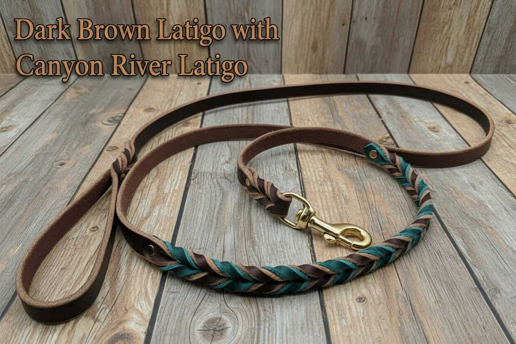 Leather Gripper Dog Leash in dark brown and canyon river latigo with braided handle for enhanced control. Durable leather ideal for strong dogs.