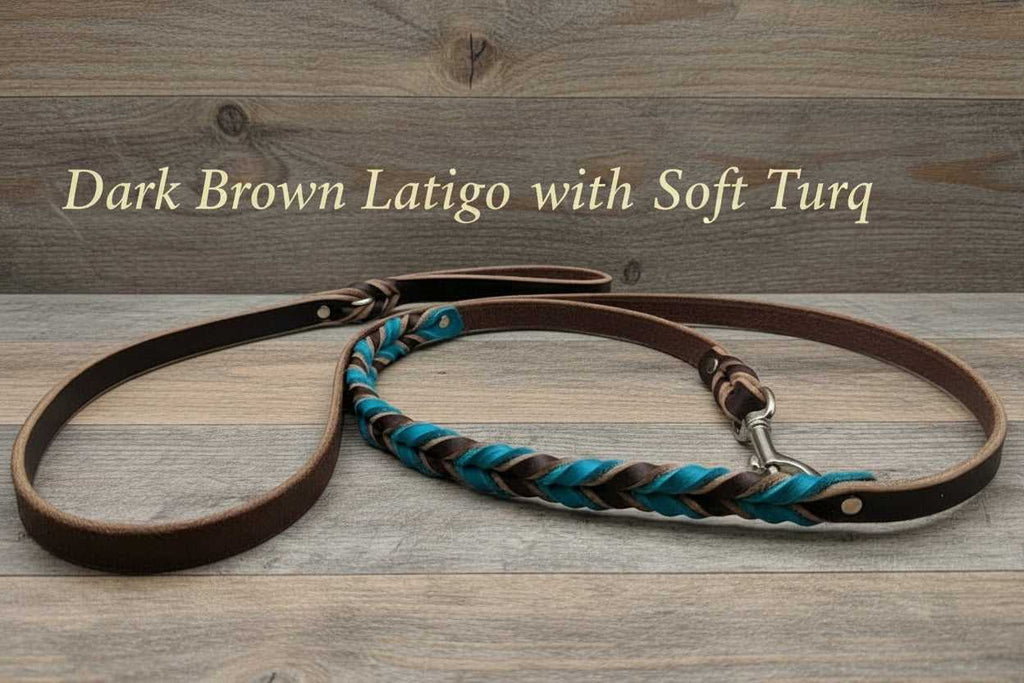 Leather Gripper Dog Leash in dark brown latigo with soft turquoise braid, featuring a durable handle for enhanced control and training.