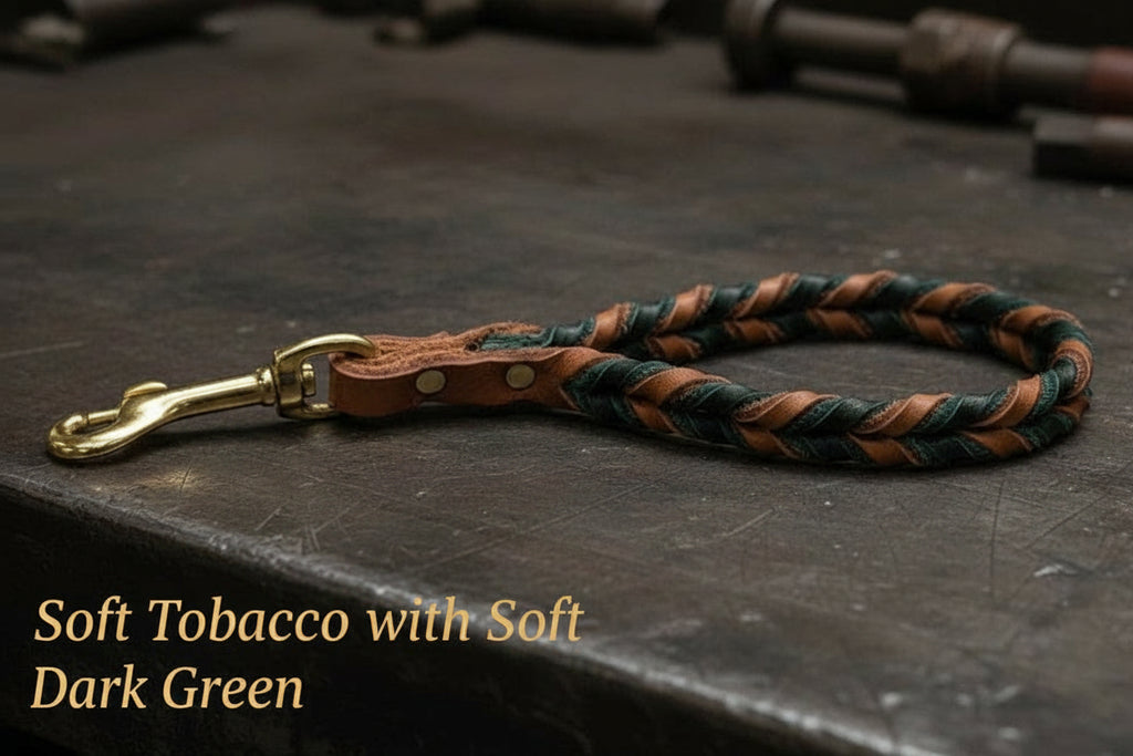 Braided leather traffic handle with Soft Tobacco and Soft Dark Green with gold hardware