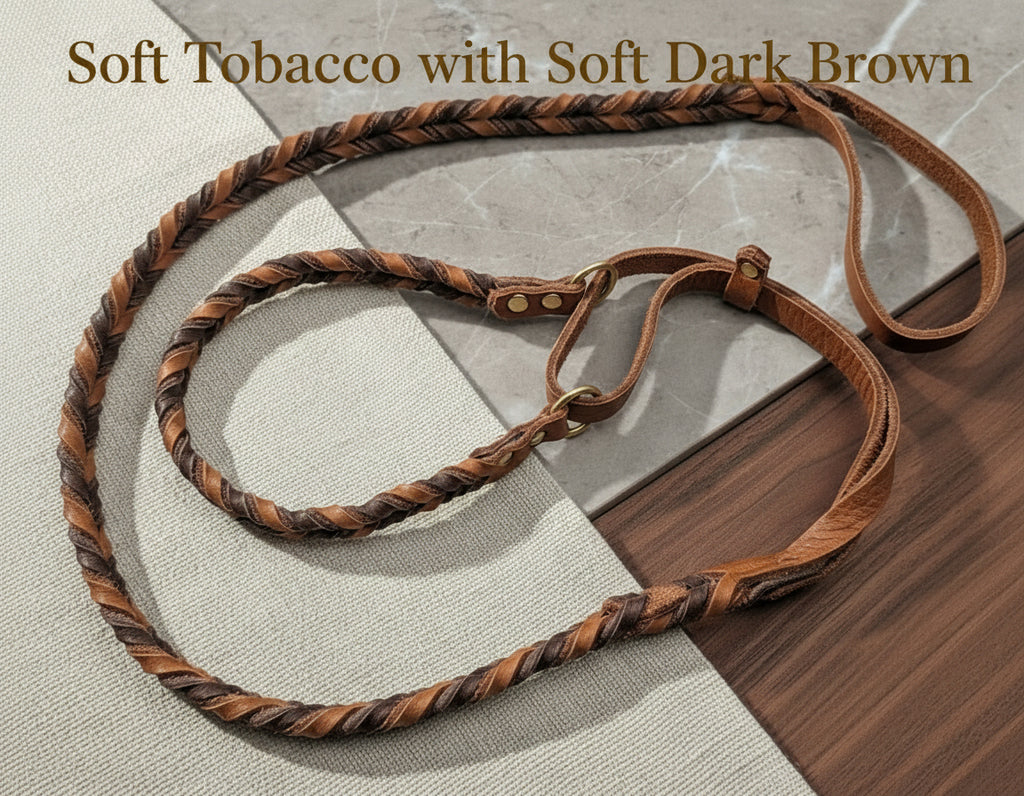 Martigale all in one leash in soft tobacco and soft dark brown with gold hardware
