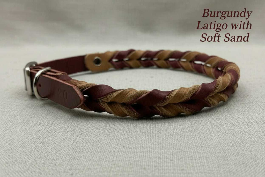 Braided Leather Buckle Collar in burgundy latigo and soft sand, handcrafted from full-grain leather with a sturdy metal buckle. Ideal for stylish, everyday pet wear.