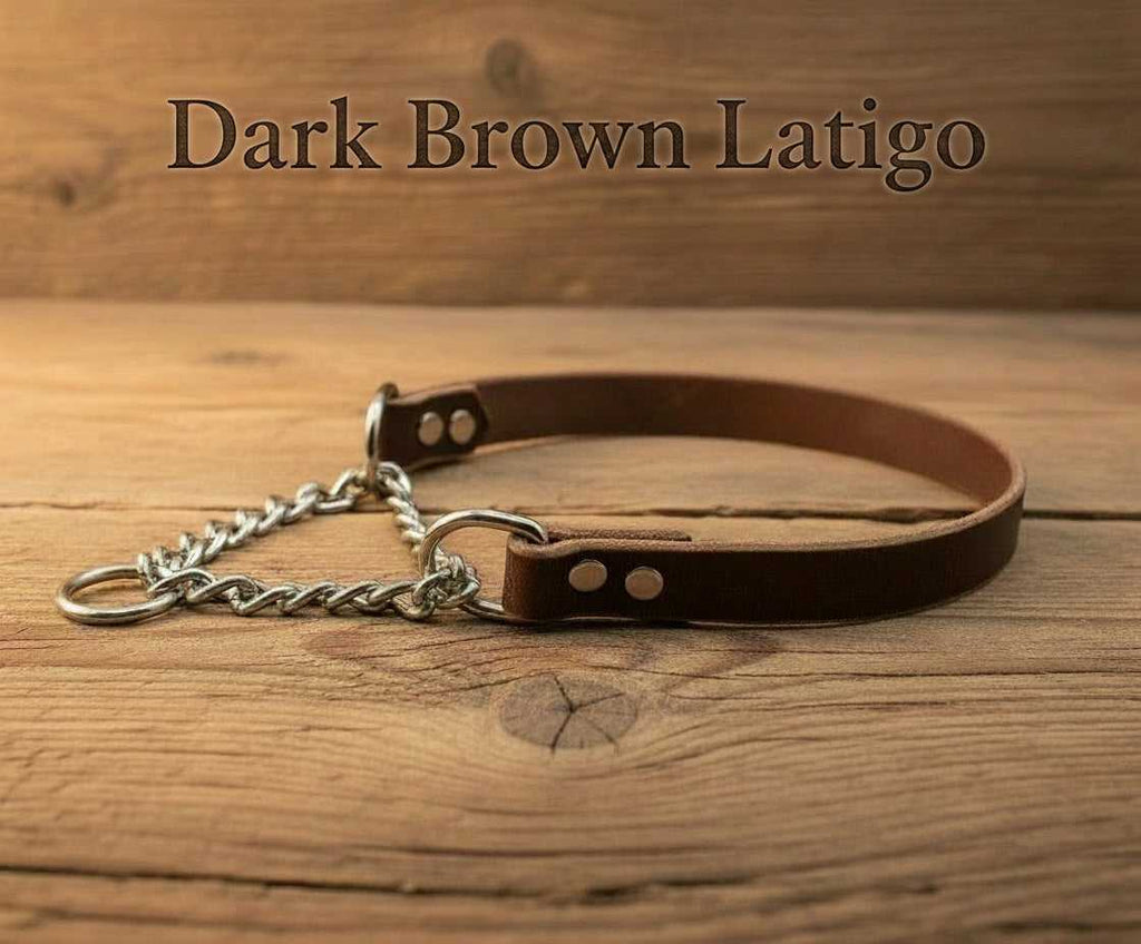 Flat Leather Martingale Collar for Dogs in dark brown latigo leather with a silver chain, ideal for training medium to large breeds.