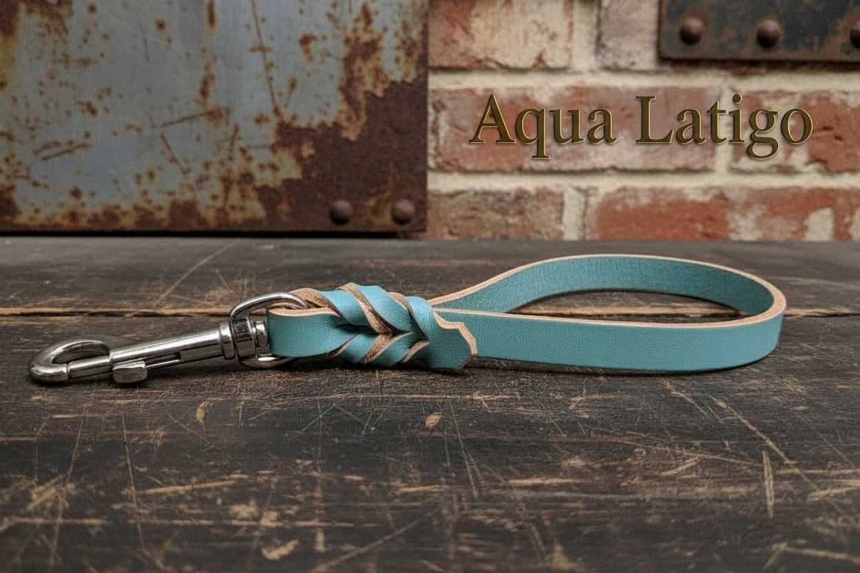 Aqua Latigo leather traffic handle for dogs with braided design and metal clasp, ideal for training and close control in busy environments.