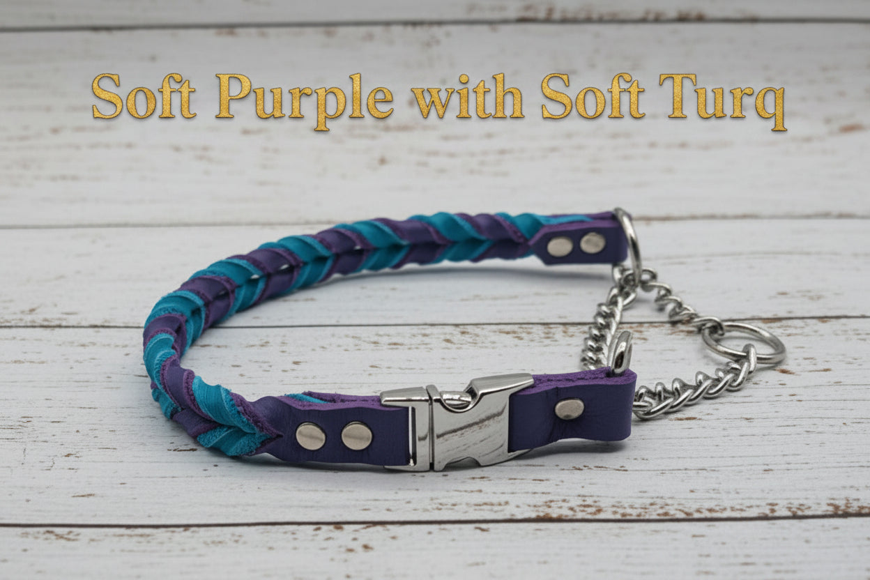 Soft Purple and Turquoise braided leather martingale with quick release