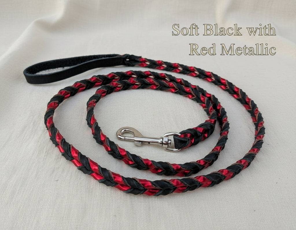 Braided leather leash with soft black primary with red metallic secondary and silver snap