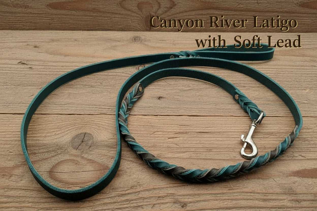 Leather Gripper Dog Leash in Canyon River Latigo with braided handle for enhanced control. Durable leather ideal for strong dog training.