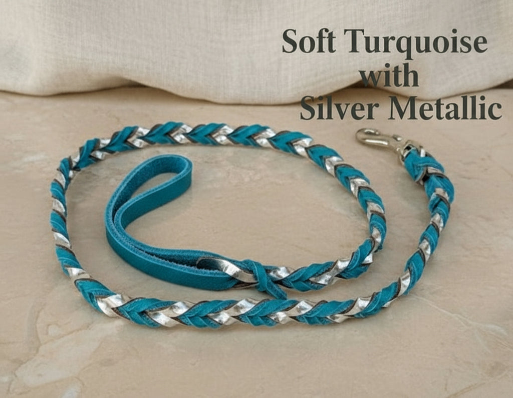 Braided leather leash with soft turquoise as primary with silver metallic as secondary with silver snap