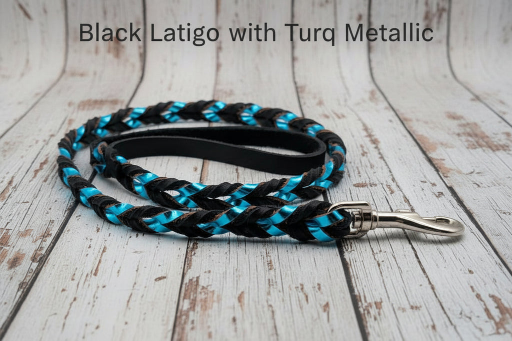 Braided leather leash in soft black with turquoise metallic