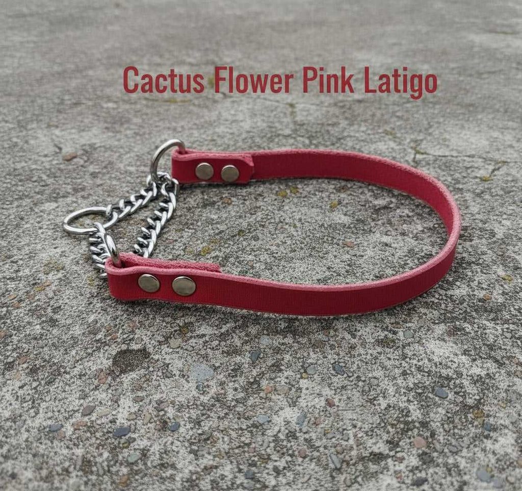 Flat Leather Martingale Collar for Dogs in Cactus Flower Pink Latigo with metal chain and rivets, ideal for training medium to large breeds.