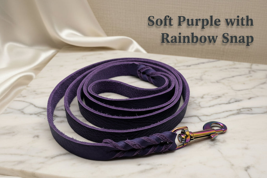 Purple Soft leather leash with rainbow snap
