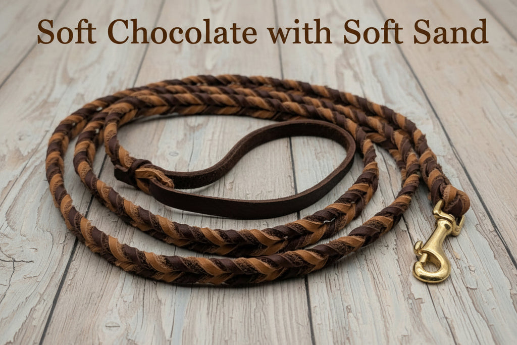 Soft Chocolate and Soft Tobacco braided leather leash with gold snap