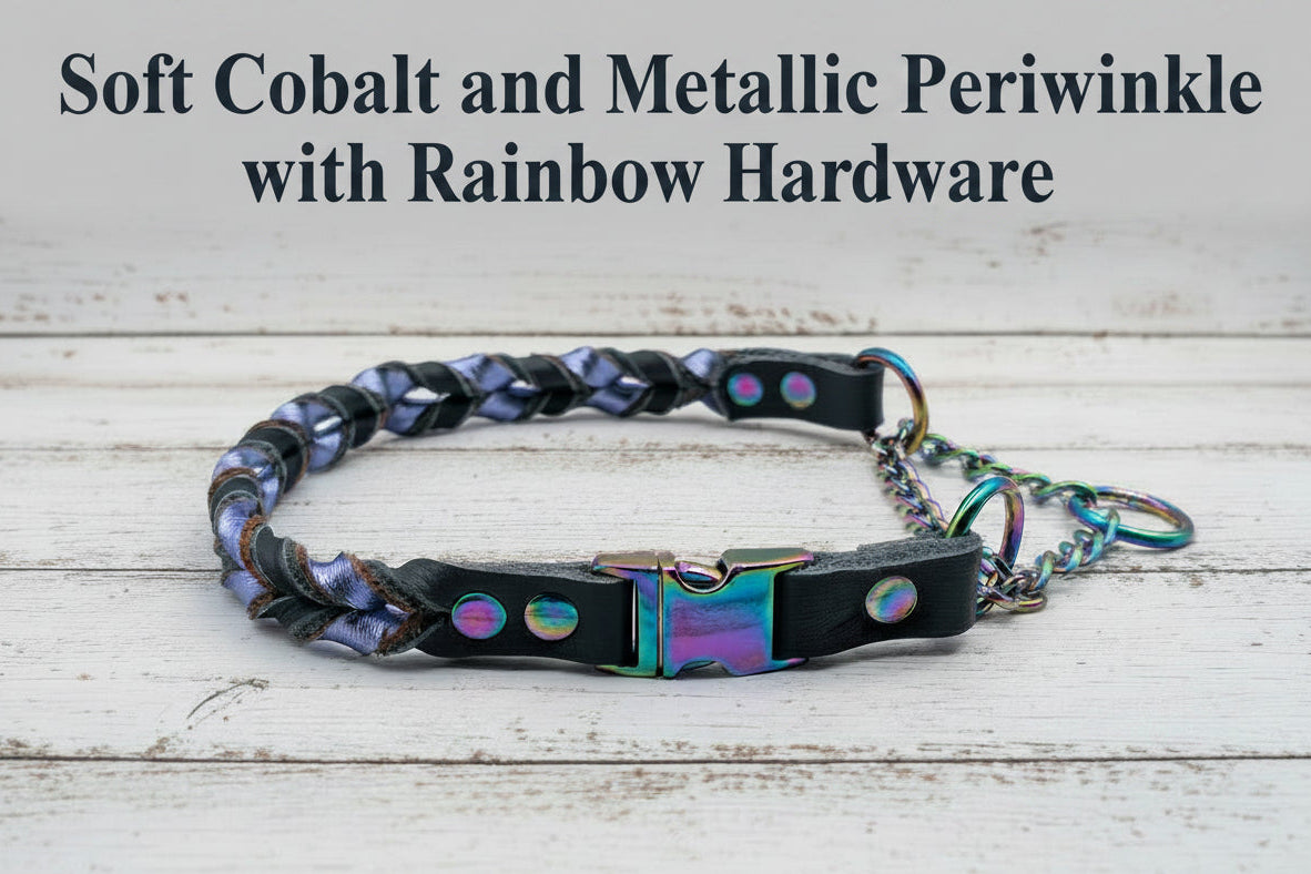 Soft Leas with periwinkle braided leather martingale with quick release buckle