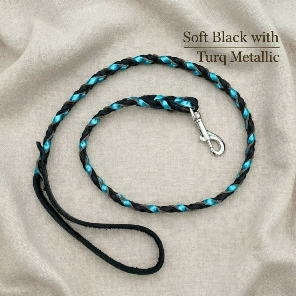 Braided leather leash with Soft Black as primary and gold metallic as secondary with silver snap