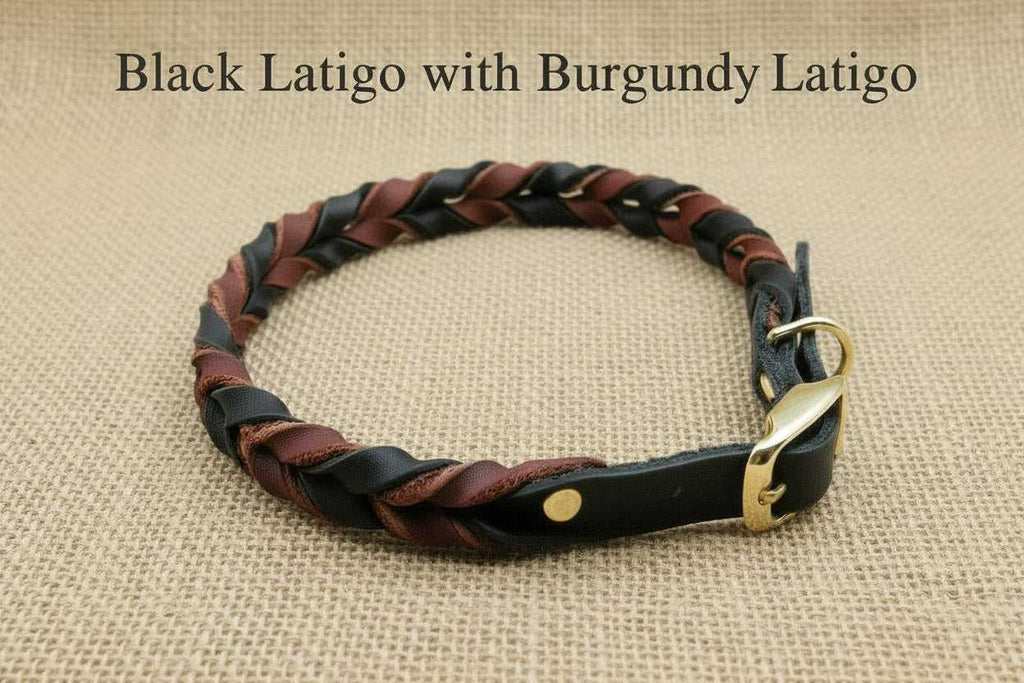 Braided Leather Buckle Collar in black and burgundy latigo leather with brass buckle. Handcrafted for durability and style in pet accessories.