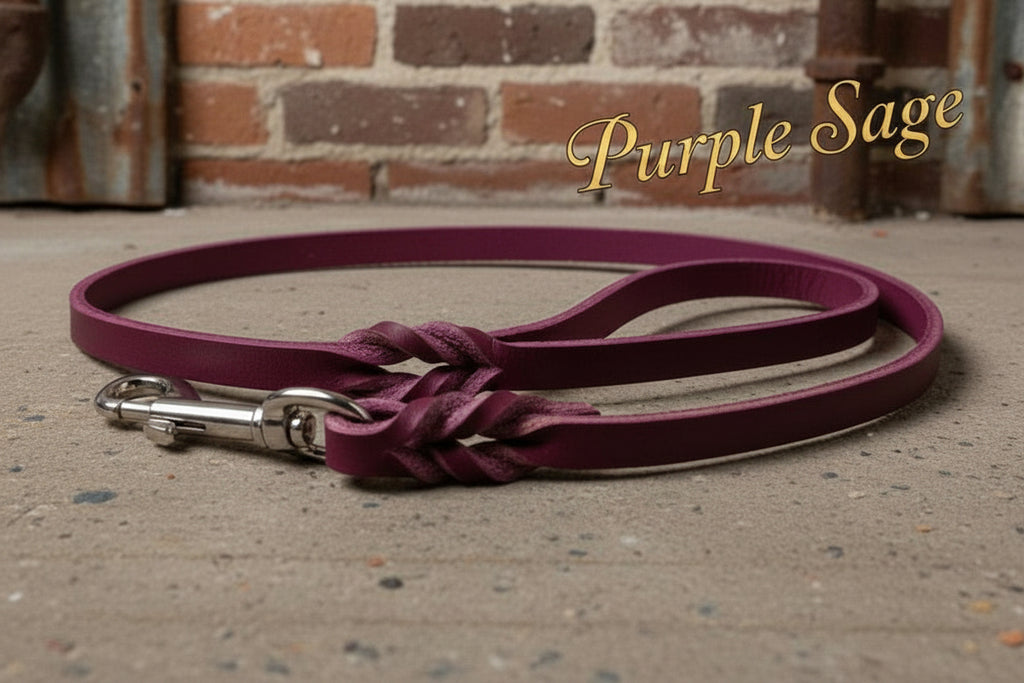 Purple Sage latigo leash with braids and silver hardware