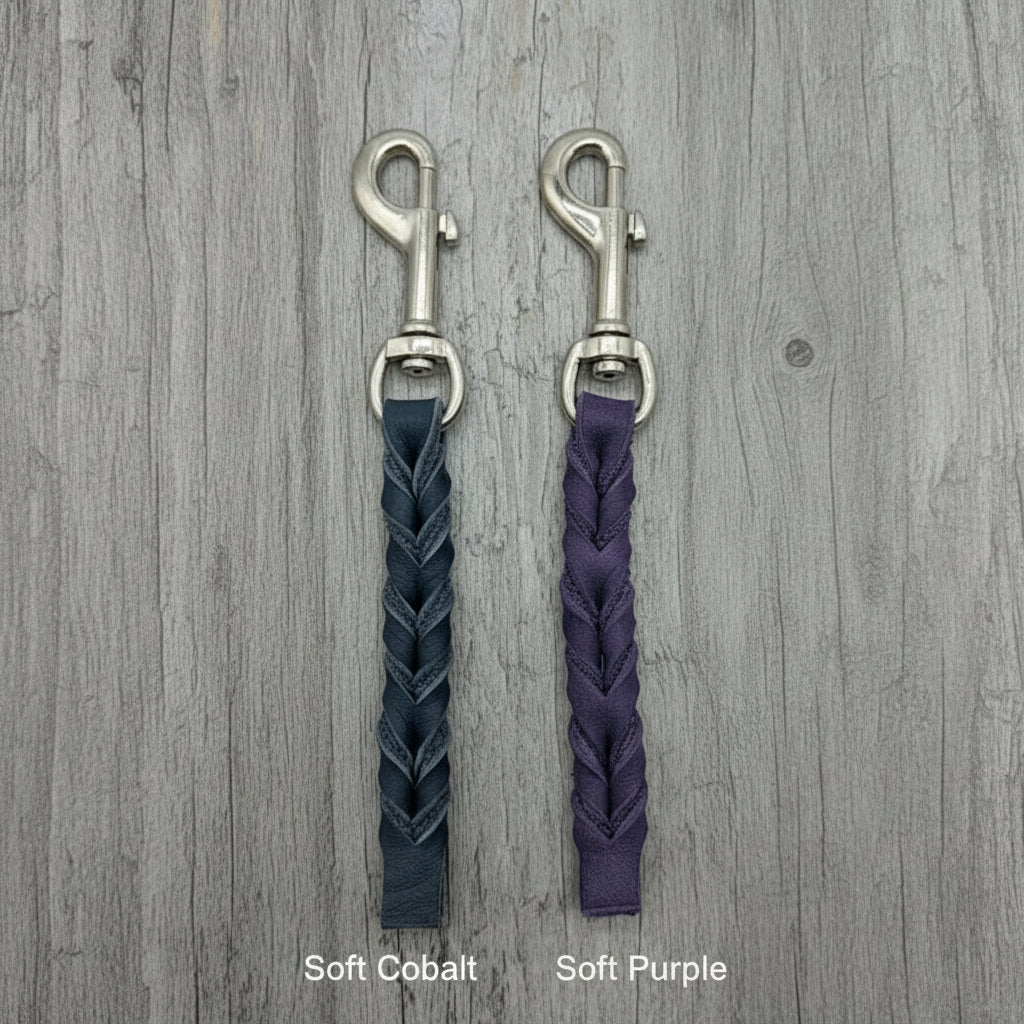 Braided training tabs with silver hardware in Soft Cobalt and Soft Purple