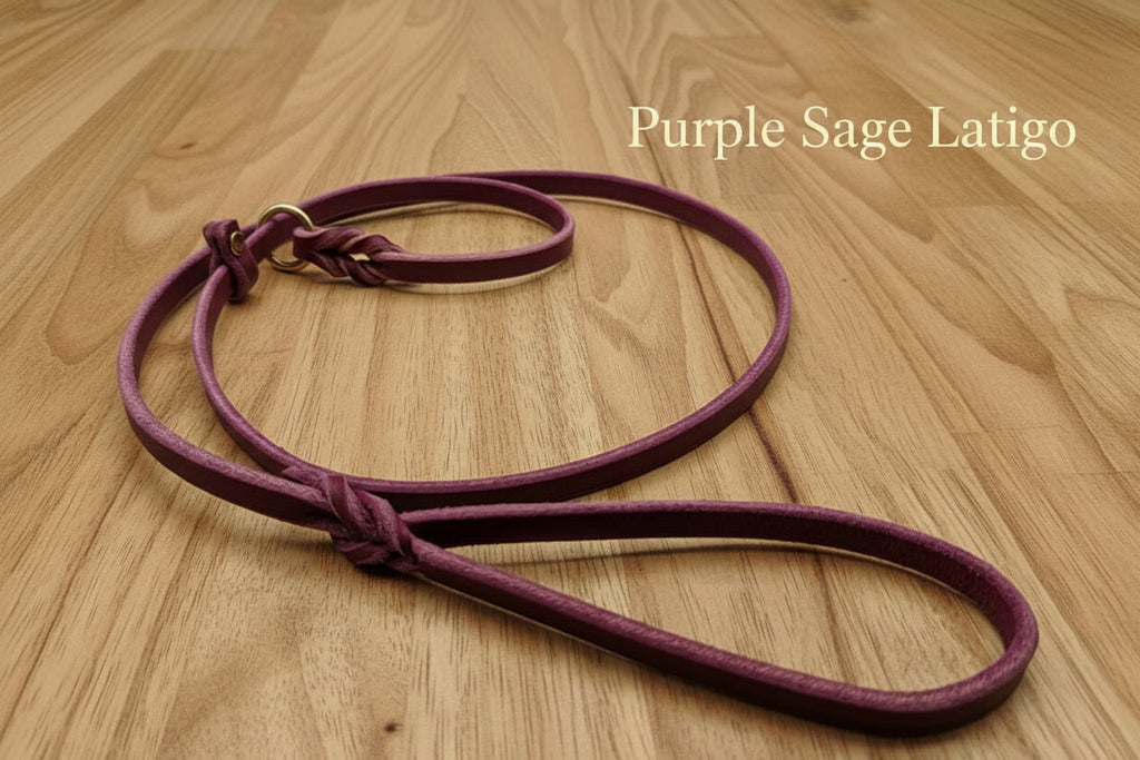 Purple sage slip leash in edged leather and gold hardware
