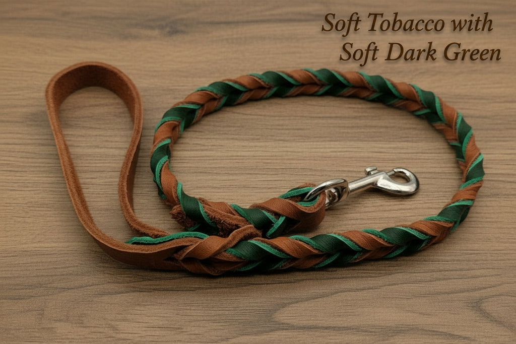 Braided leather dog leash made with soft tobacco primary with soft dark green secondary and silver snap.