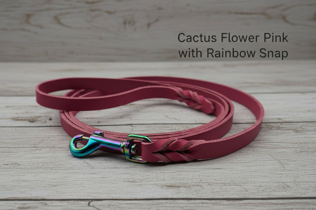 Cactus Flower Pink leather leash with rainbow snap
