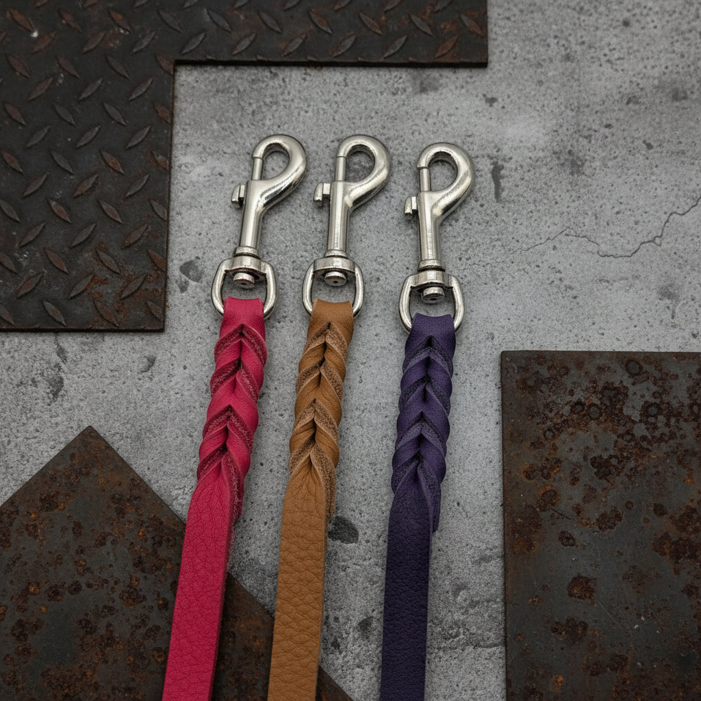 Soft flat leashes in Soft Hot Pink, Soft Tobacco and Soft Purple