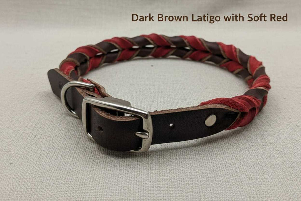 Braided Leather Buckle Collar in dark brown latigo with soft red, featuring a durable metal buckle and handcrafted full-grain leather design.