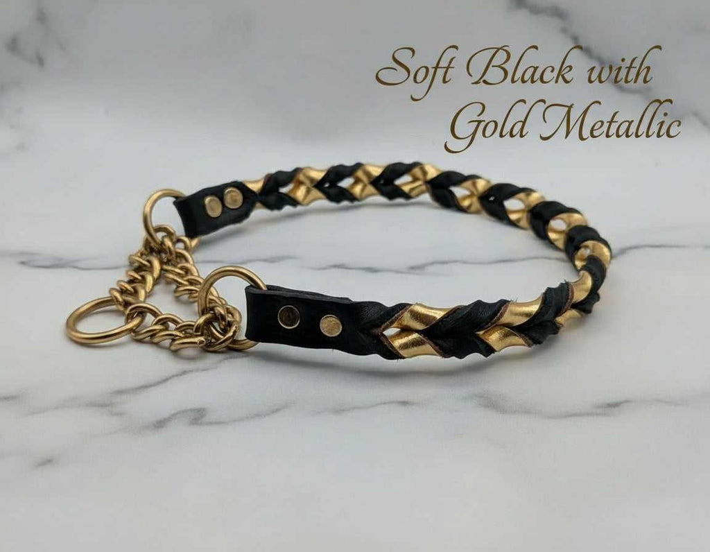 Leather martingale collar with soft black primary with gold metallic as secondary with gold hardware